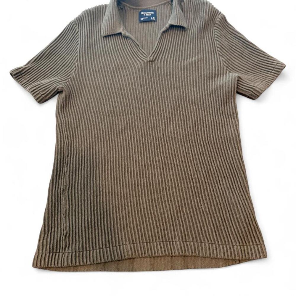 Abercrombie & Fitch Olive Green Ribbed Knit Johnny Collar Polo Shirt — Medium